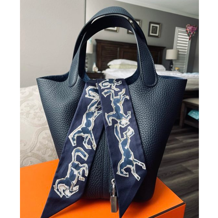 99新 Hermes/爱马仕 小花6欢 菜篮子 18 TC皮 松柏绿 框Q 银扣 