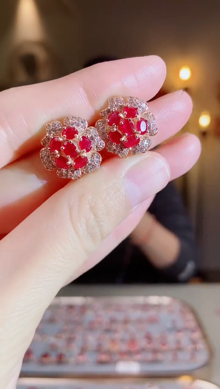 银S925镶嵌耳饰红宝石耳饰