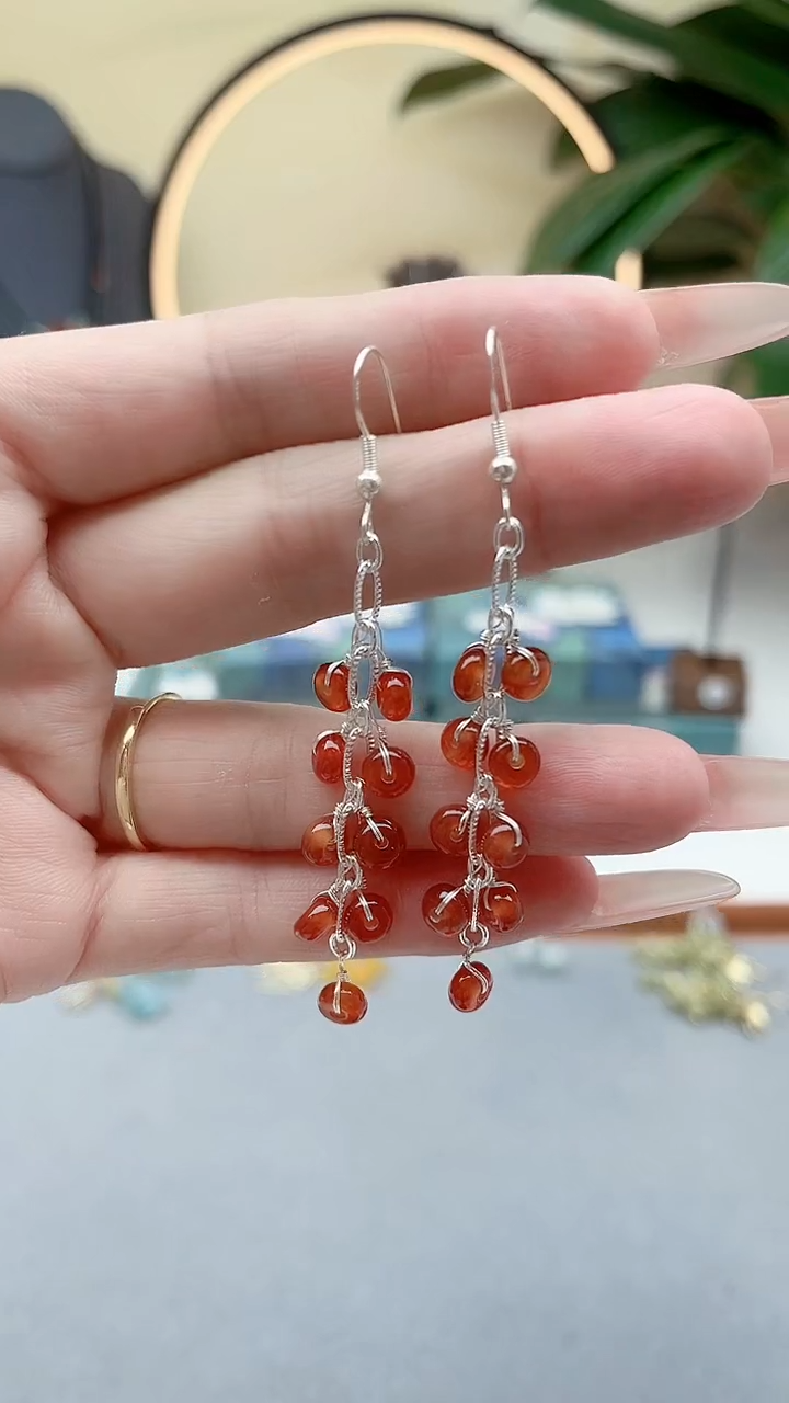 银S925镶嵌耳饰玛瑙/玉髓00红色流苏新款