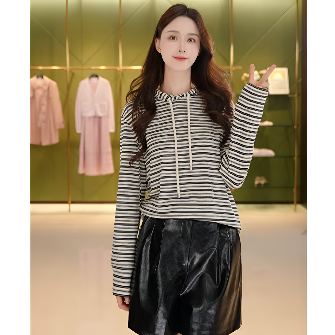 哥弟秋季新款女装磨毛时尚休闲百搭显瘦条纹连帽长袖卫衣1300918