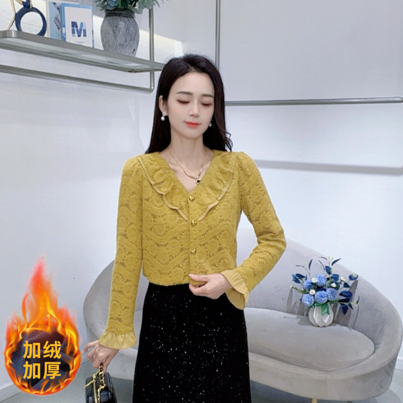 A8912法式气质V领蕾丝衫女士新款百搭打底衫甜美减龄洋气上衣