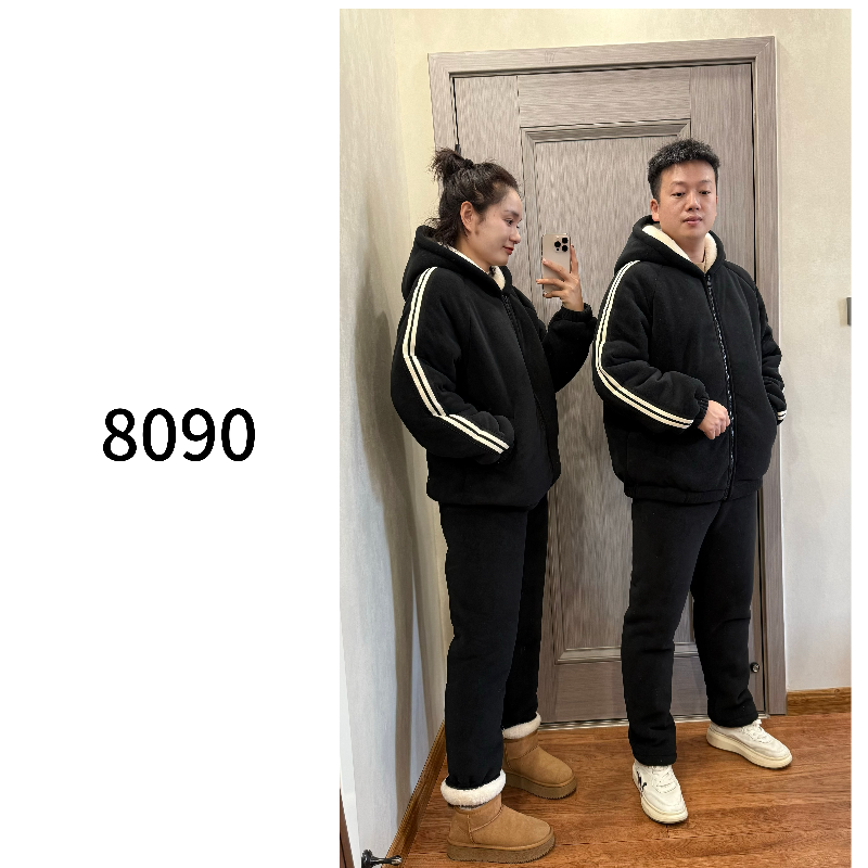 【8090暖居】轻微染色海豚绒情侣款三层加绒加厚连帽套装 NJ-2451
