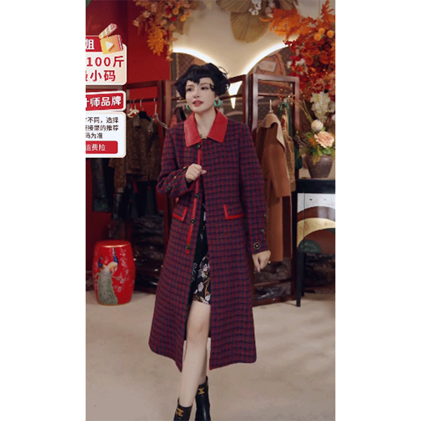 7637-单单  时尚气质复古红色中长款冬季保暖大衣外套