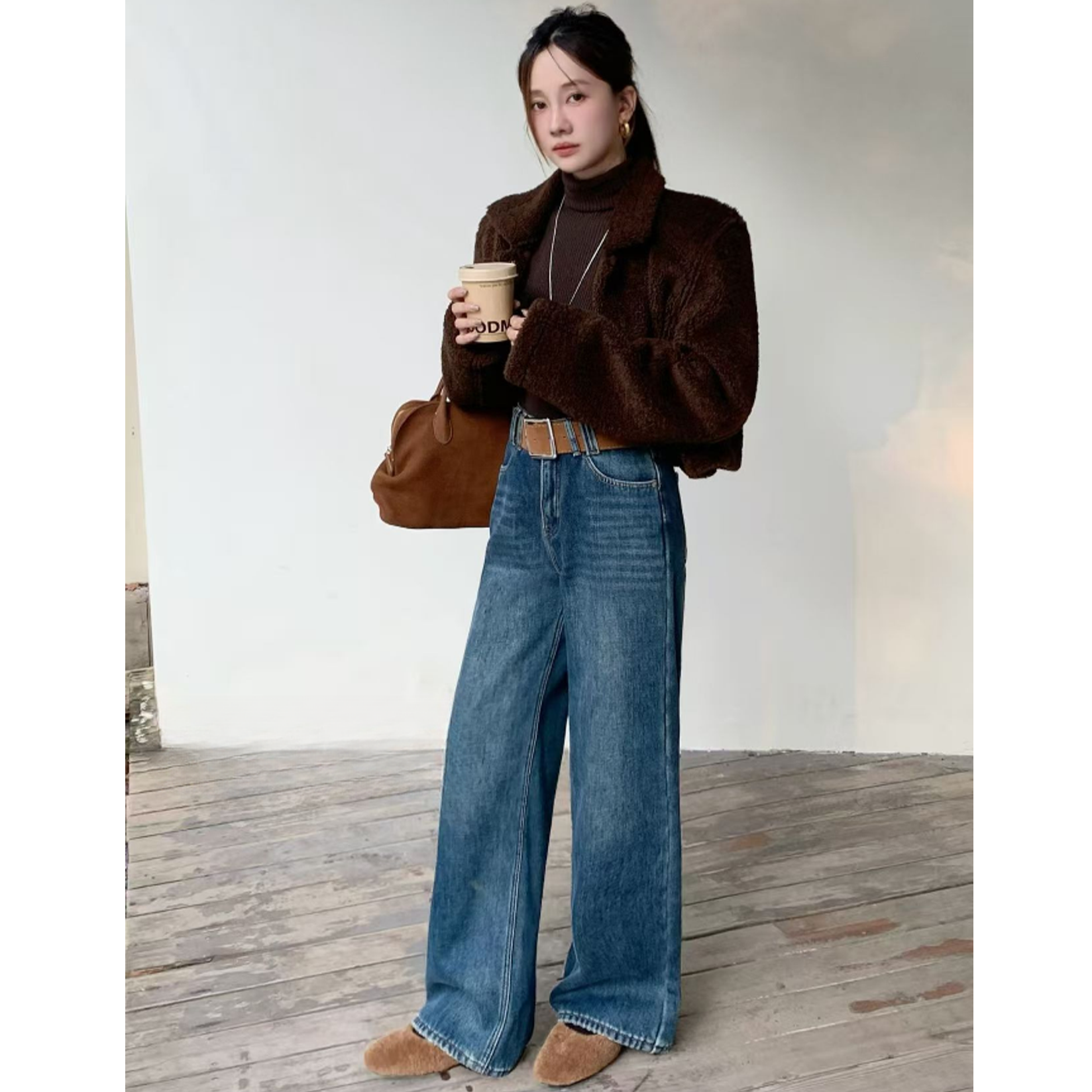 3818#冬季新款宽松窄版直筒裤韩版显高显瘦高腰加绒百搭牛仔裤