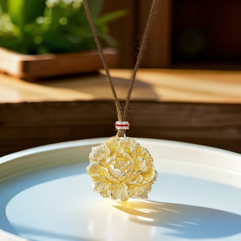 999.9银洛阳牡丹花吊坠描金篆刻古法工艺带编绳一套