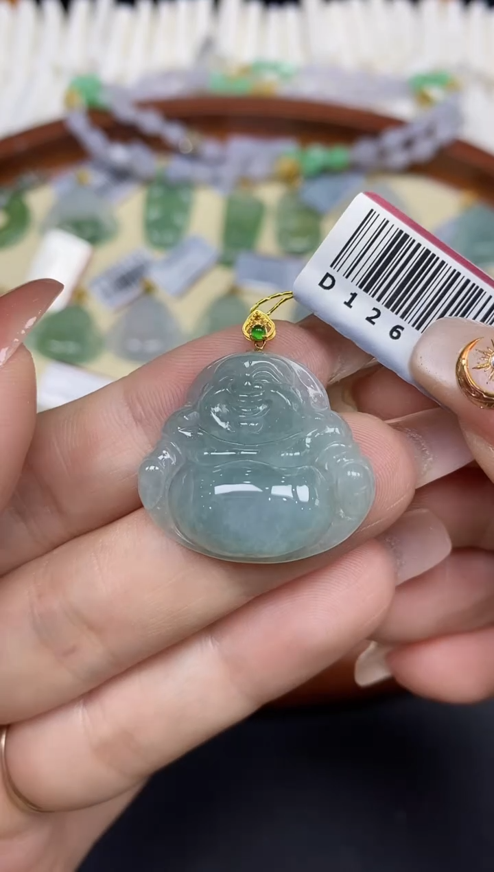 吊坠(不含链)18K金镶嵌翡翠佛公18K金扣镶嵌@@D126-1