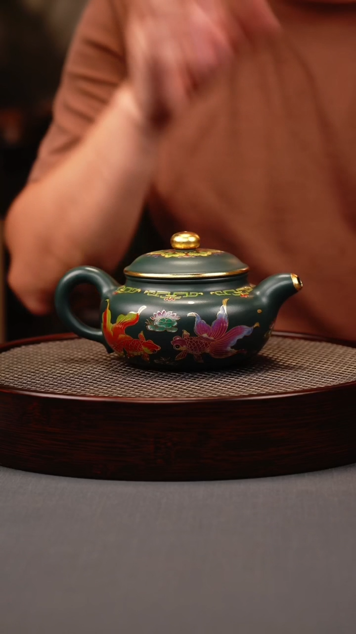茶壶紫砂绿泥 仿古 锦鲤珐琅彩
