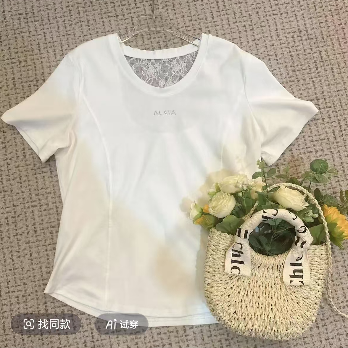 9233/9288后背镂空蕾丝拼接别致短袖（两款不挑）---z