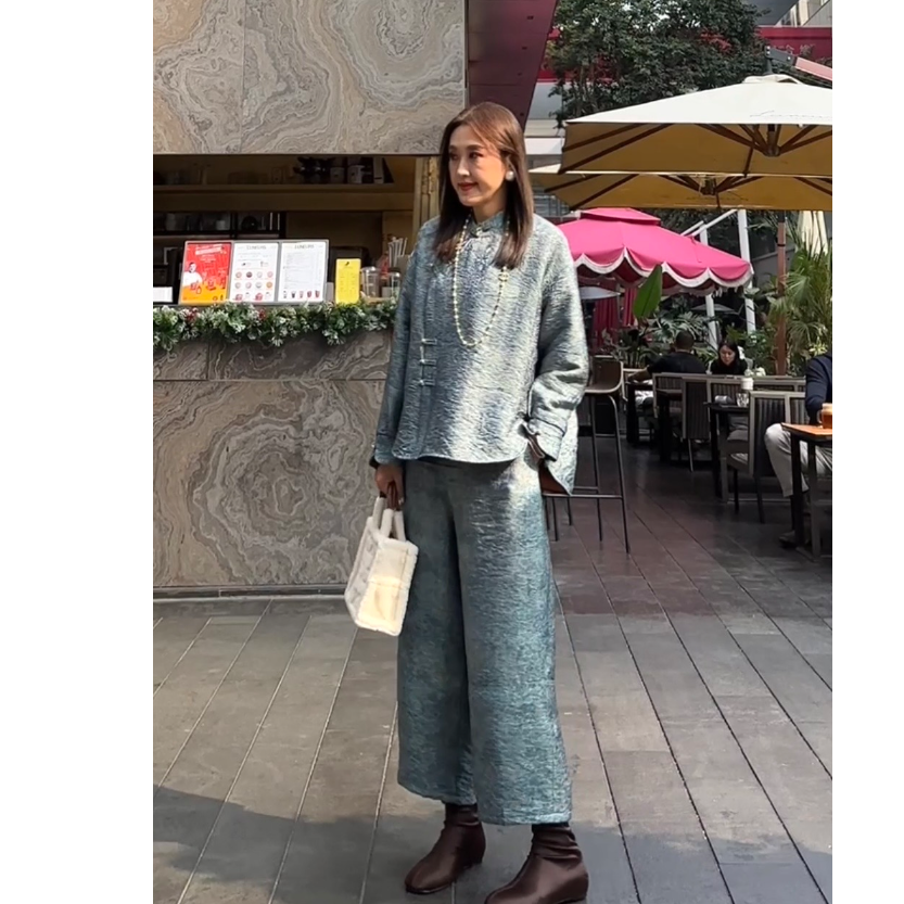 【晴水蓝】新中式国风异色罗浮光锦百搭显瘦宽松冬季套装T1216