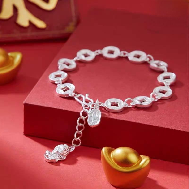 足银手链 钱币手链碎银子五帝钱币足银999五花四叶草手链