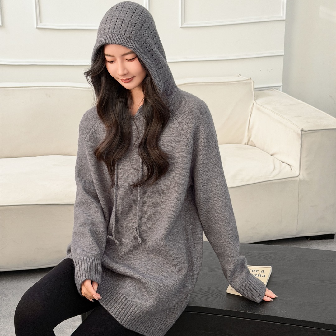 【8816】冬季针织羊毛衫长袖连帽套头加厚中长款