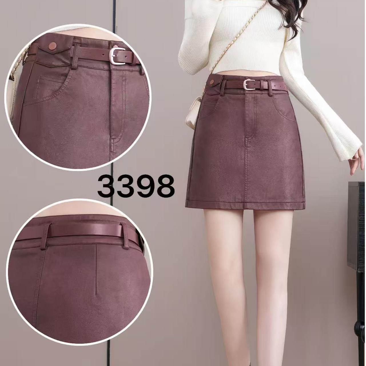 3398秋冬新款高腰显瘦A字PU小皮裙洋气时尚百搭女