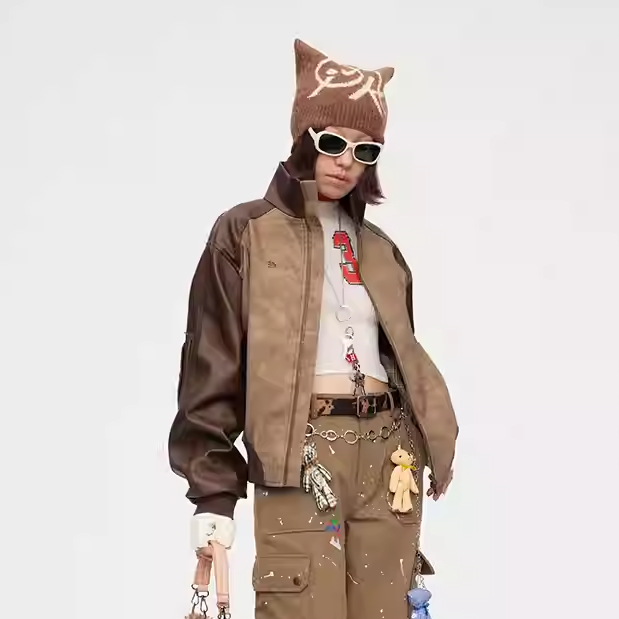 暂不上 自播Oink oink 棕色拼接撞色夹克美式休闲短款外套棒球服