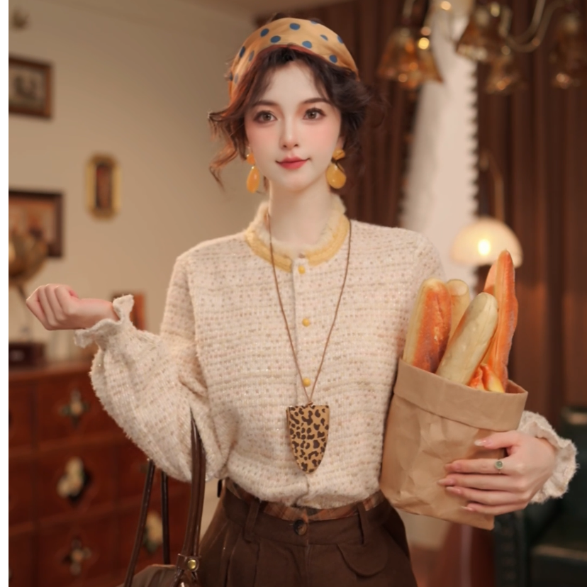 敏恩【冰糖柿子】复古港风秋冬厚款肌理衬衫上衣WJ1689531