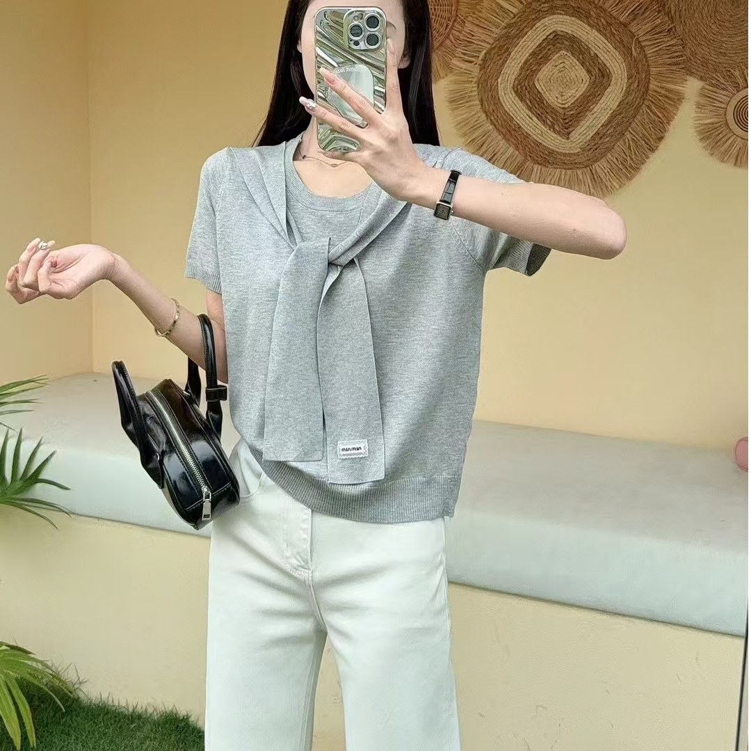 2025夏季新品短袖设计感披肩短袖针织衫时尚气质百搭减龄针织T