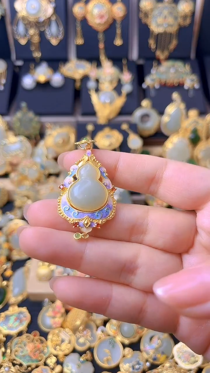 颈饰银S925镀金镶嵌和田玉珐琅紫葫芦吊坠