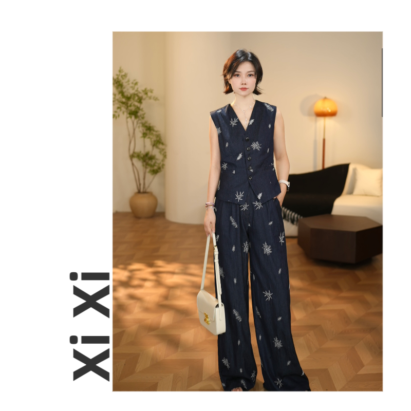 Xi F092初夏新款2025高级气质显瘦无袖马甲+直筒裤套装女