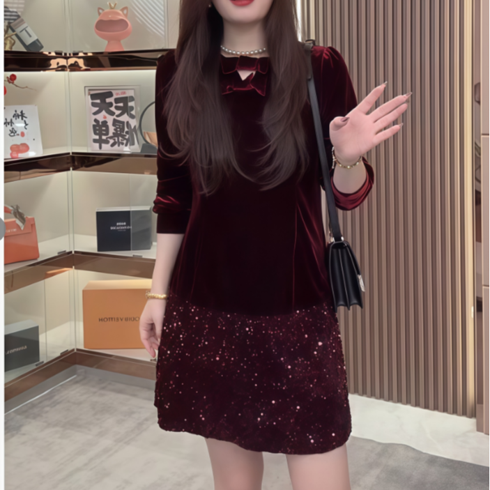 圆领老钱风秋冬丝绒圆领连衣裙修身打底洋气蕾丝秋冬FJ122801