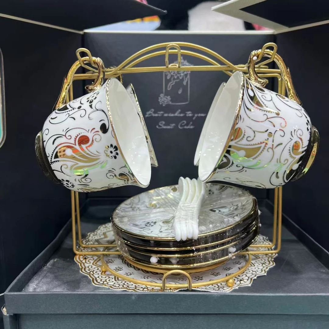 家用高级镀金边欧式创意家用茶具陶瓷马克杯英式咖啡杯碟架套装