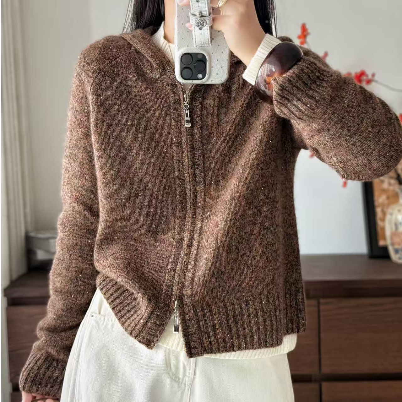 【苏西专享】539花纱拉链羊绒帽衫