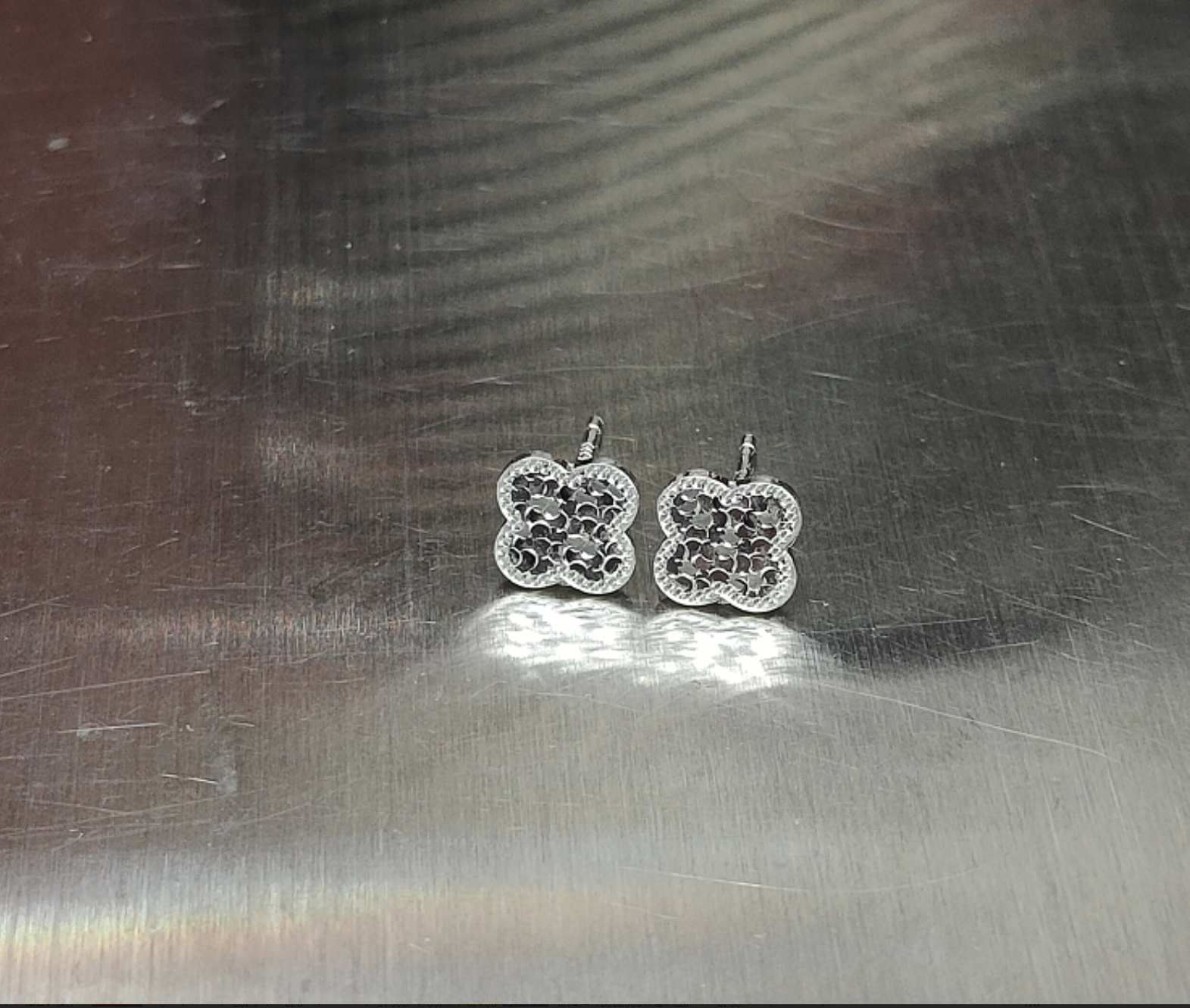 足银耳饰 足银碎冰冰花型四叶草耳钉备