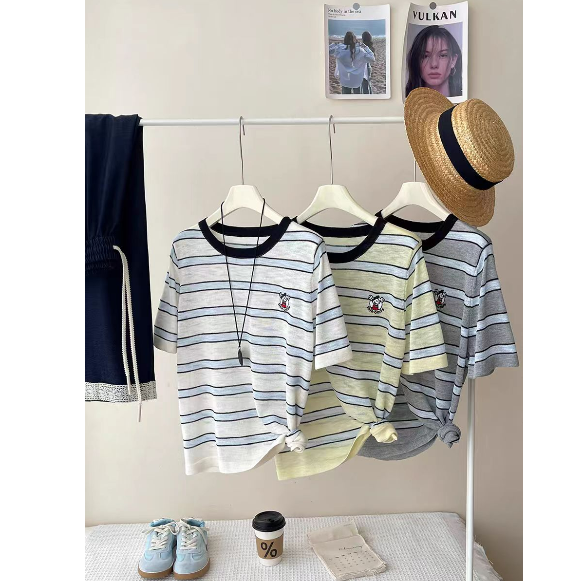 玲玲服饰【7801#】拼色条纹刺绣针织短袖