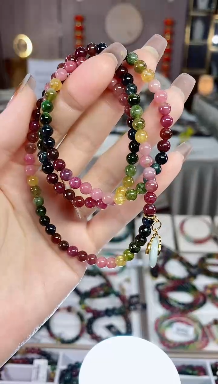 老矿油画碧玺色标彩虹三圈手串5mm+未镶嵌碧玺dan多样性发货一条