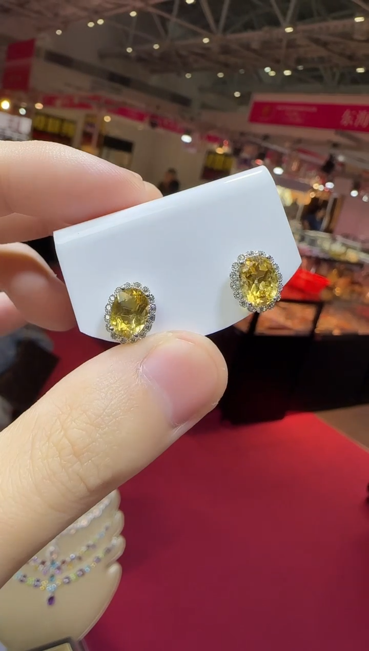 银S925镶嵌耳饰黄晶9*7mm耳钉
