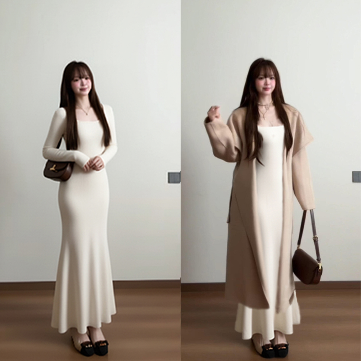 白色步步生莲鱼尾连衣裙女秋冬大衣内搭包臀梨形伯克利小个子长裙