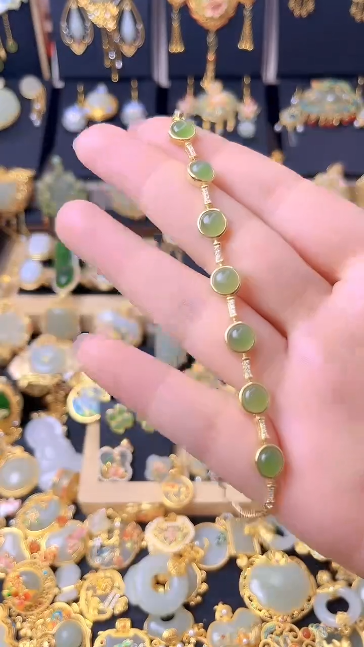 套链银S925镀金镶嵌和田玉七星蛋面手链