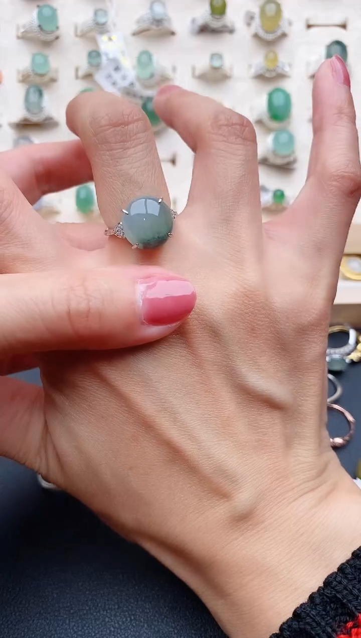 【闪购商品】翡翠戒指银S925镶嵌缅甸天然翡翠222   6-9