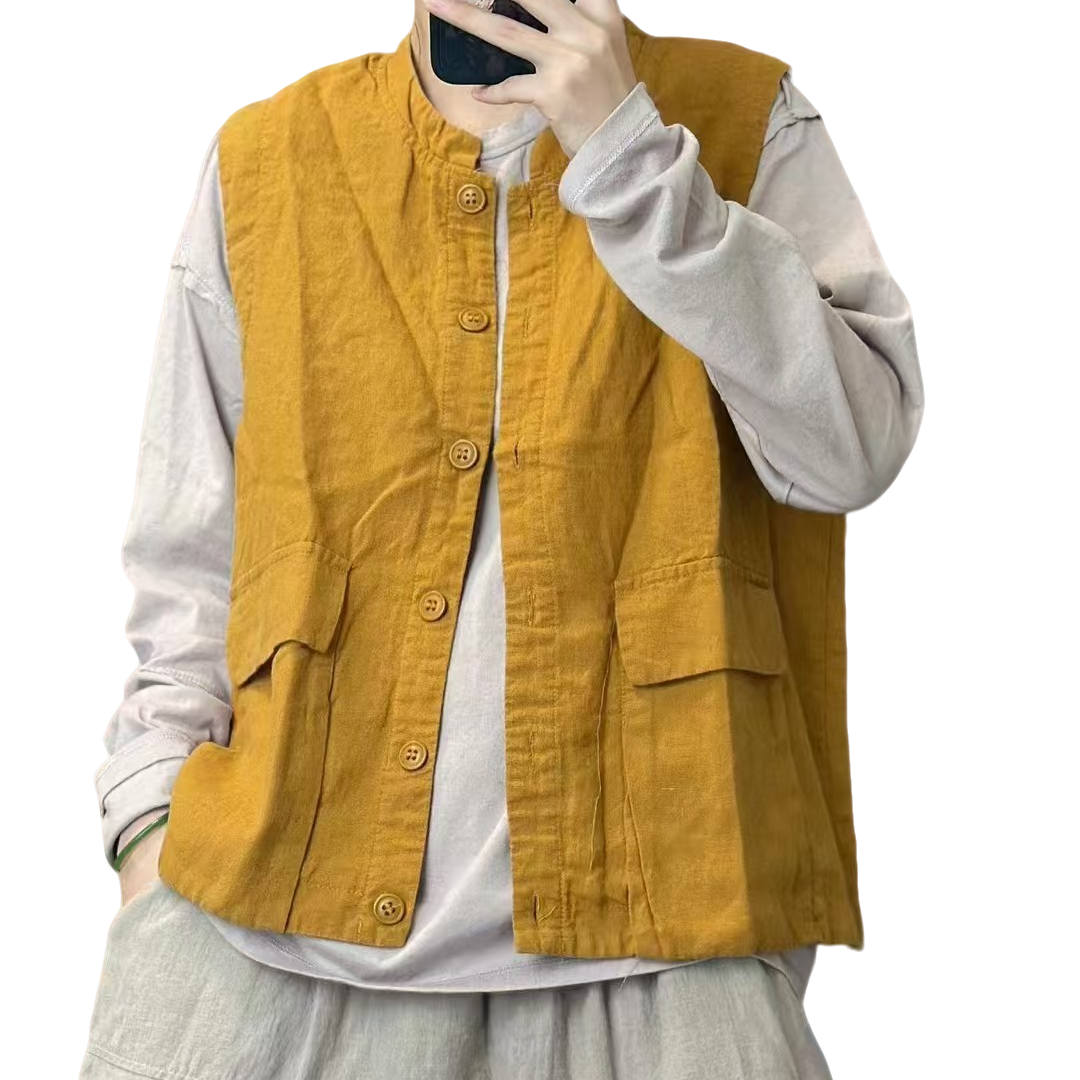 百搭宽松砂洗亚麻马甲时尚休闲纯色