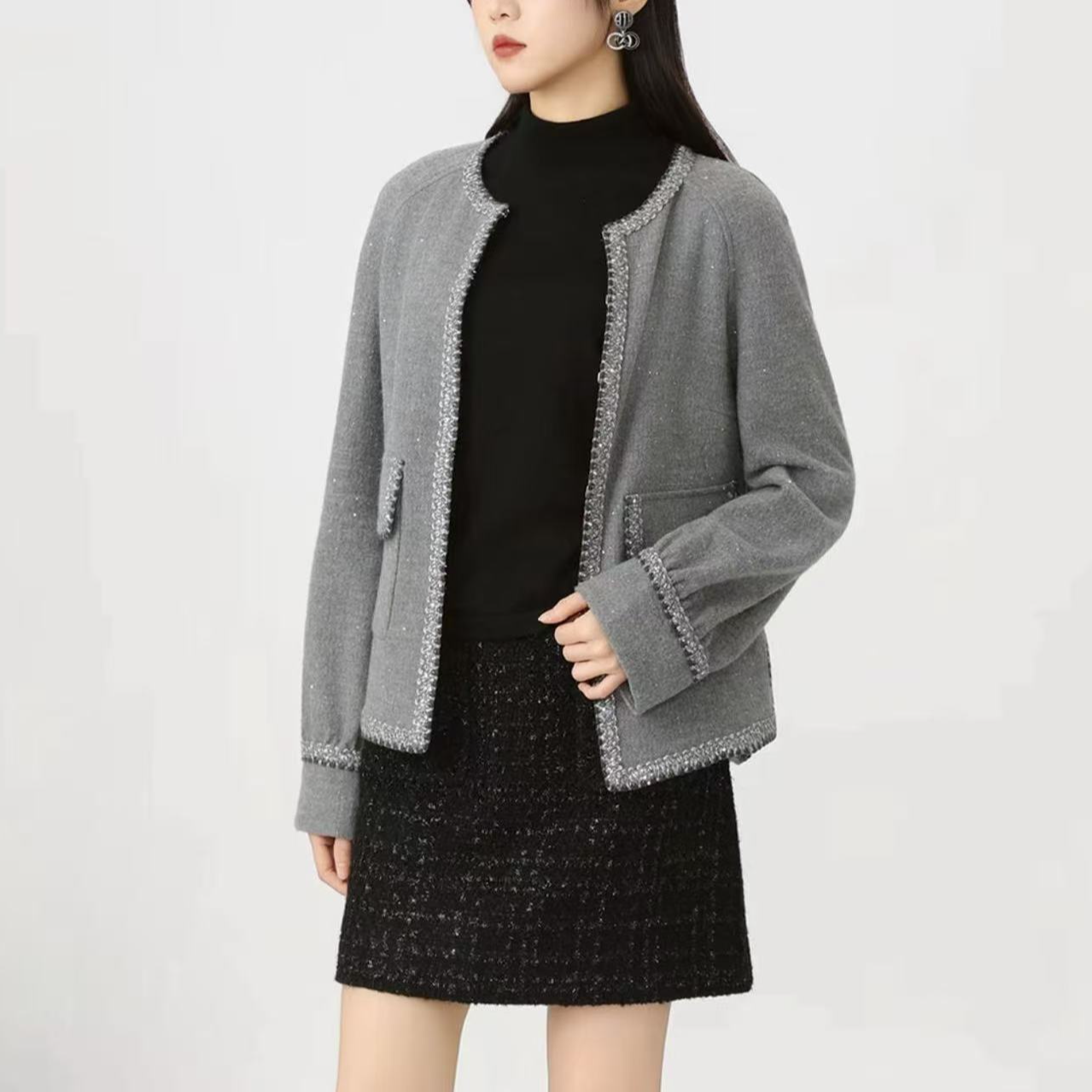 AMASS/阿玛施秋季新款千金清冷感圆领珠片羊毛小香风外套 5400312