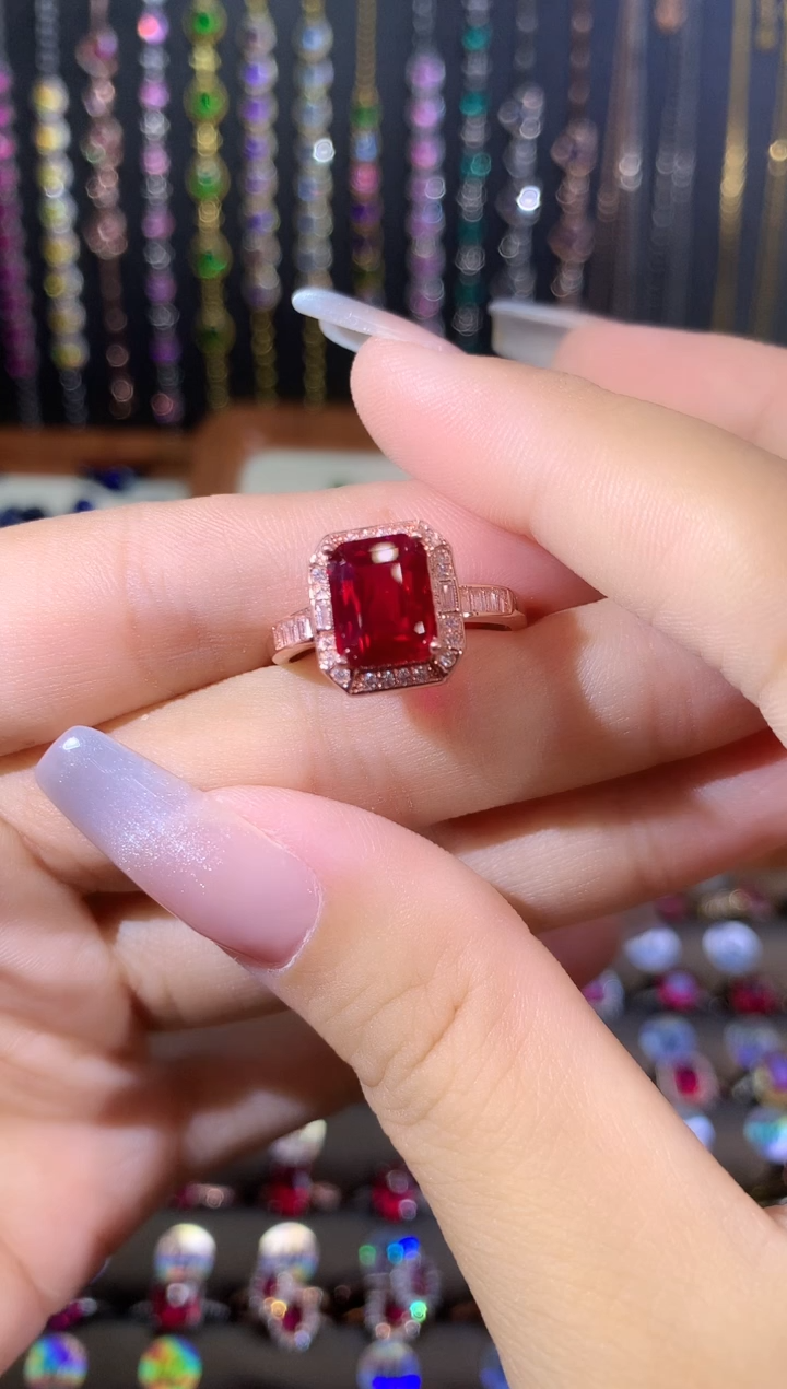 红宝石戒指银S925镶嵌玫瑰金酒红