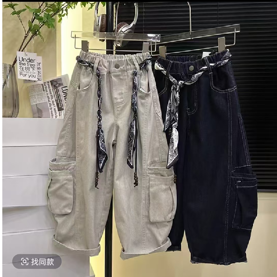 秋款新款男童女童牛仔裤2025秋困宽松休闲微阔工装裤