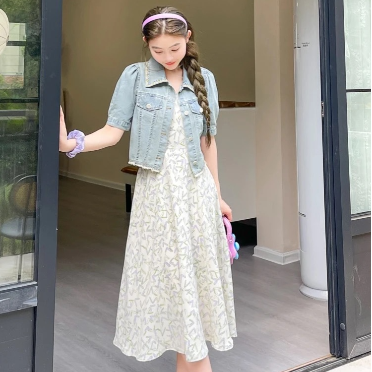 2363【裙长105】夏季新款时尚牛仔外套吊带连衣裙套装2025新款