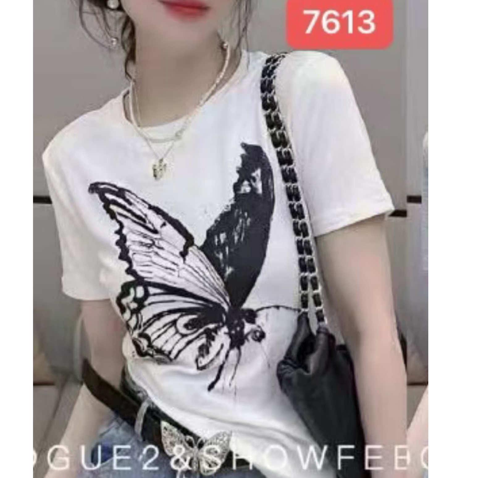 7613短袖圆领印花大蝴蝶常规修身型T恤休闲百搭