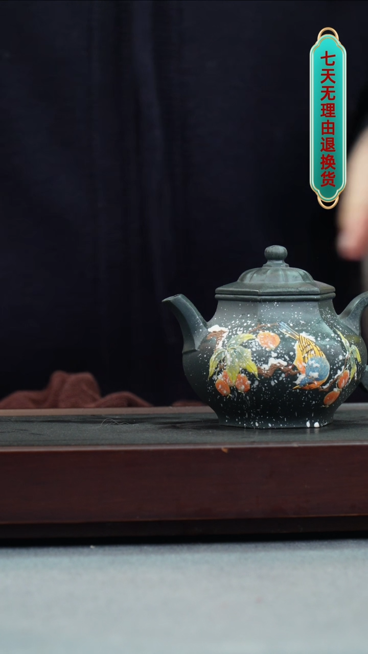 【闪购商品】紫砂茶壶九林君子兰 六方宫灯 泥绘雪景图喜上枝头