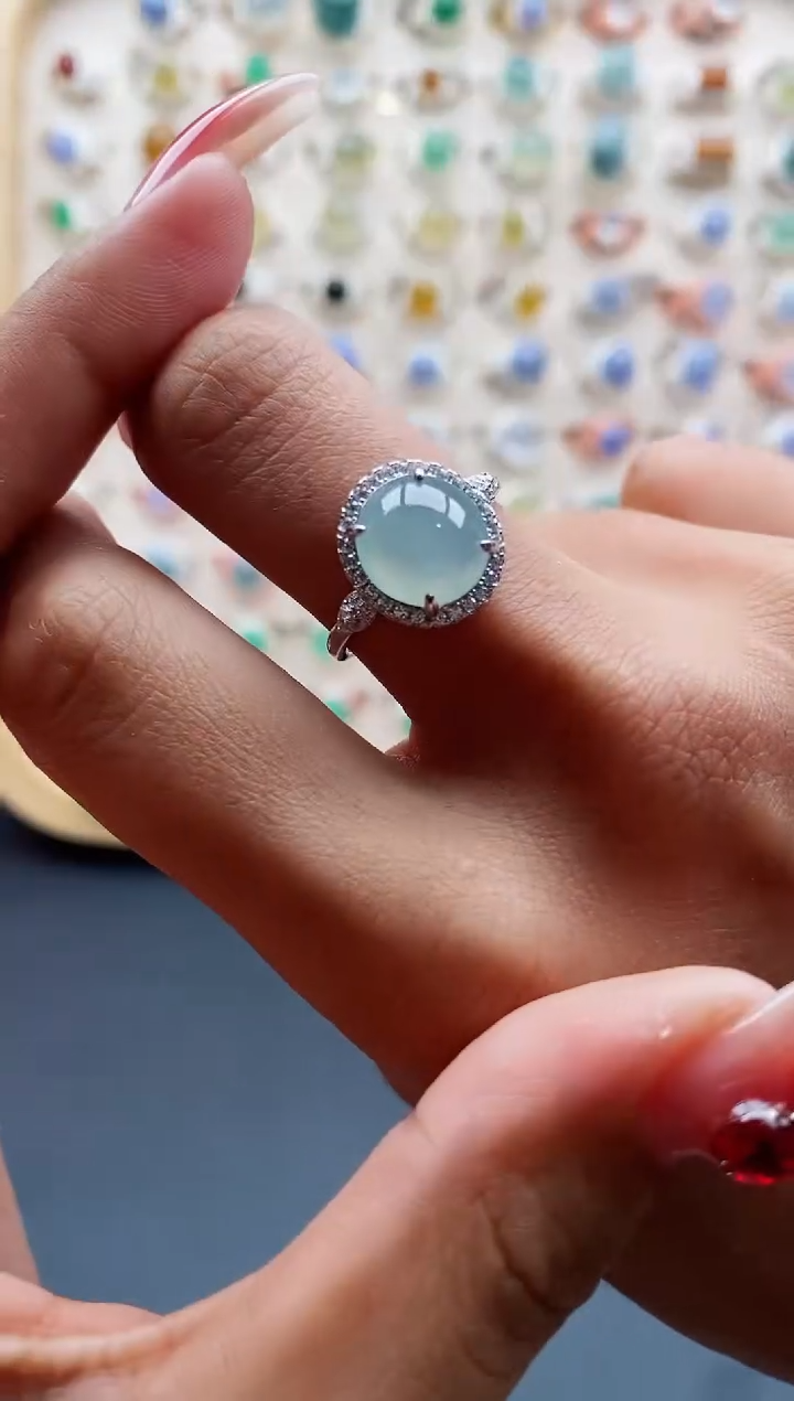 【闪购商品】翡翠戒指银S925镶嵌缅甸天然A货翡翠444   6+2