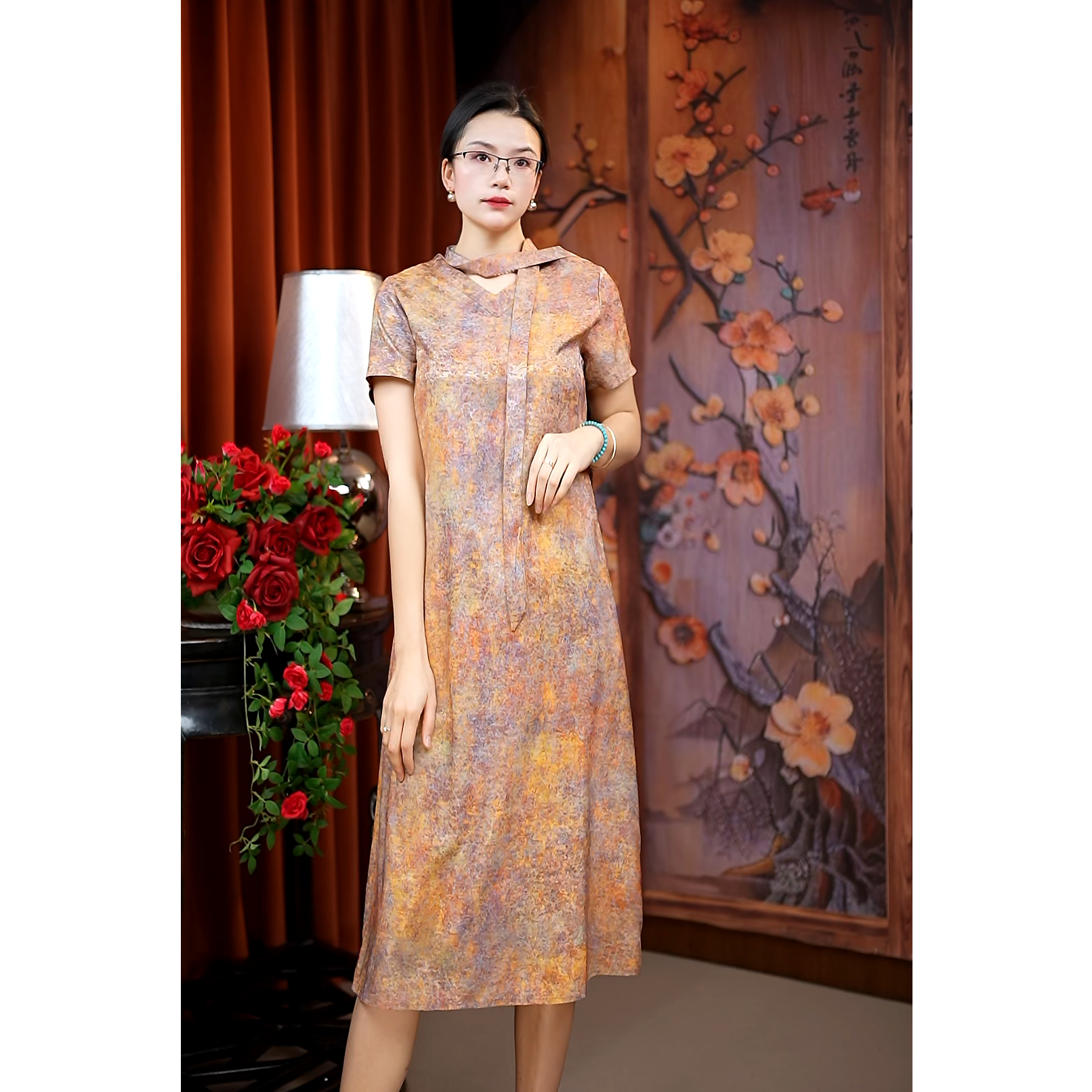 （金粉系带）中长裙中长款印花长裙中老年女装立领夏季新中式重磅