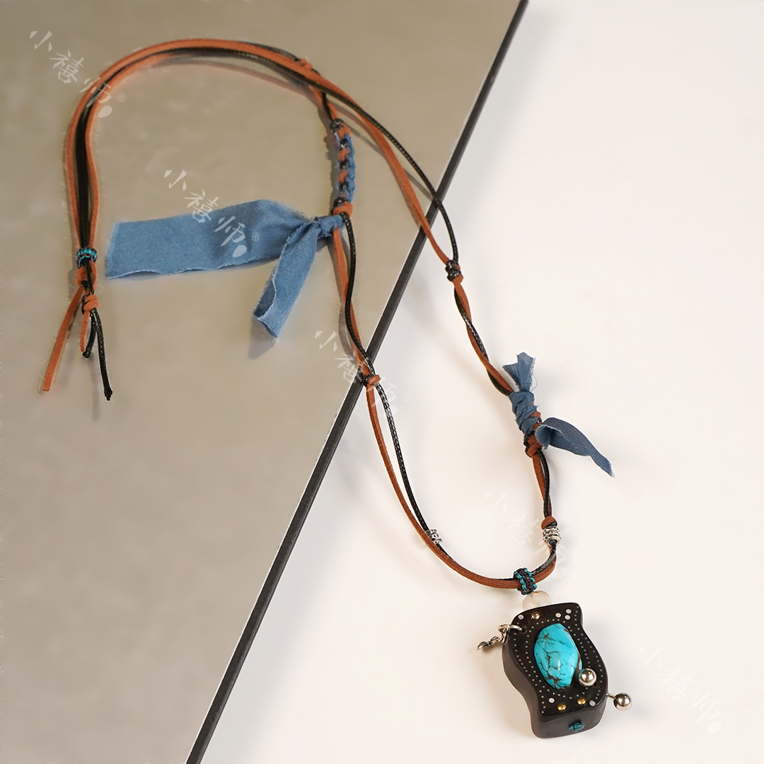 【墨青】绿松石布艺s925银项链 檀木S925银绿松石吊坠