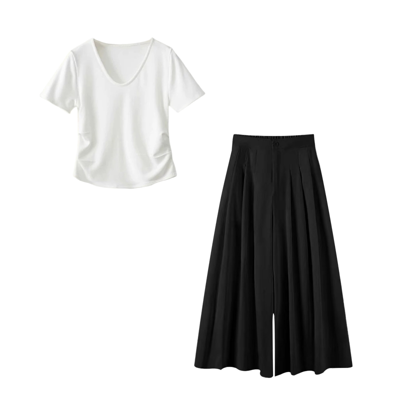 夏季休闲显瘦修身鹅蛋领收腰短袖法式西装百褶裙裤两件套装 CC