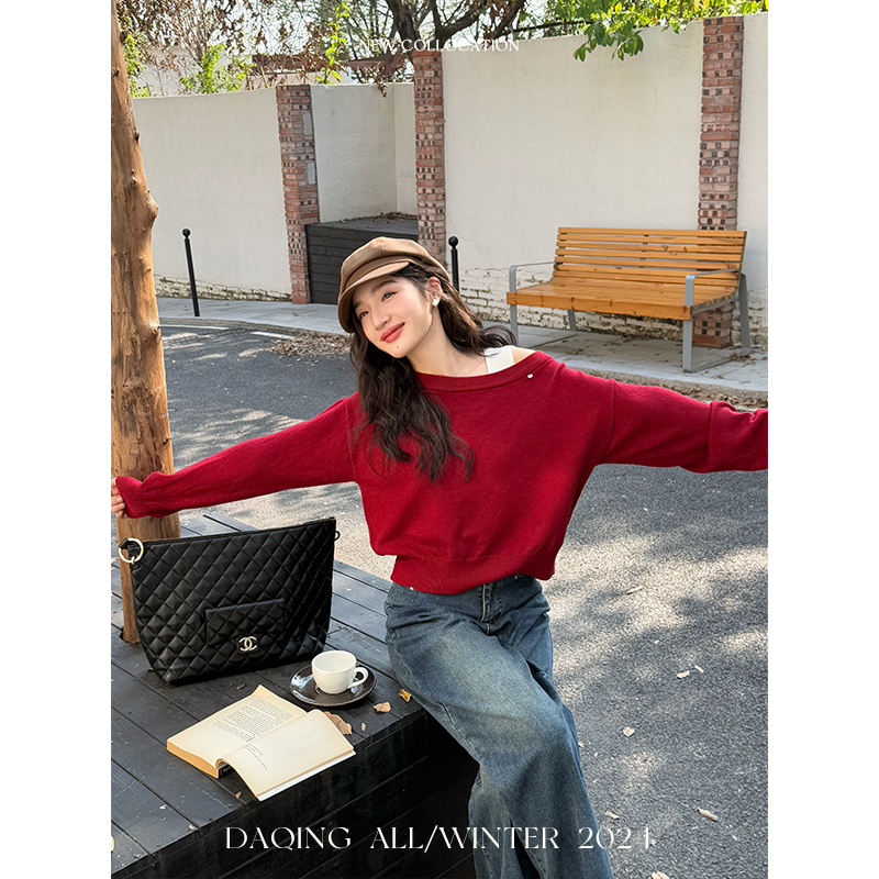 许大晴【迟韵】简约气质斜肩两穿上衣针织两件套D4A151