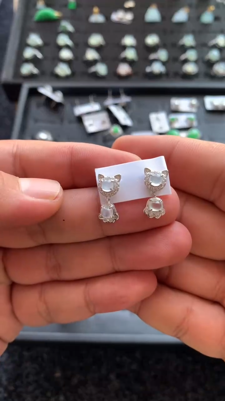 翡翠银S925镶嵌耳饰高冰