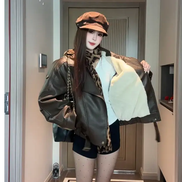 【琥珀流光】新款皮衣加绒ins外套女港风辣妹百搭皮夹克保暖机车服