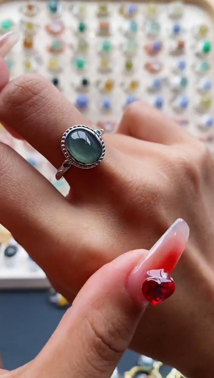 【闪购商品】翡翠戒指银S925镶嵌缅甸天然A货翡翠111 9+4