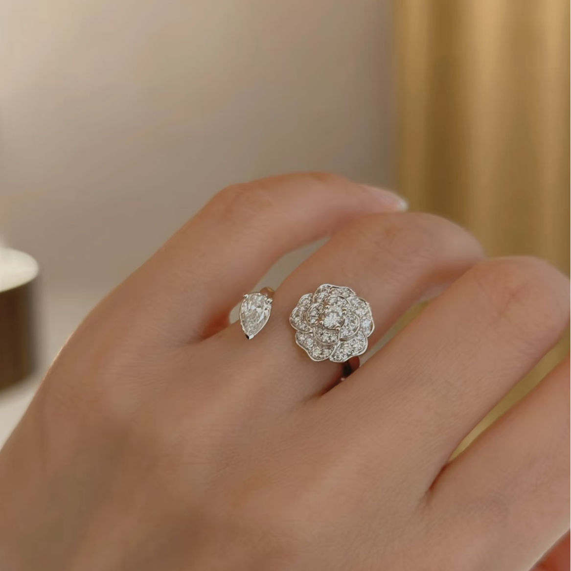 99新 Chanel/香奈儿 小花6欢 山茶花 高定 白金戒指 53