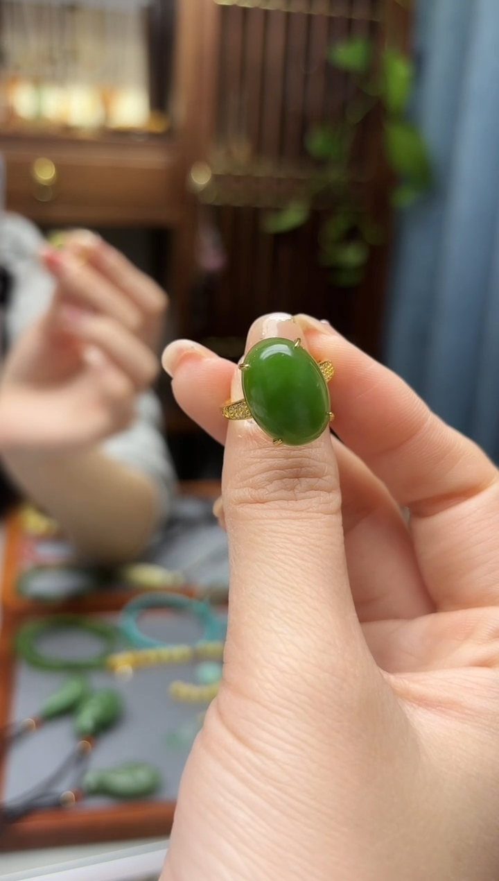 银S925镶嵌戒指和田玉s925银和田玉蛋面戒指QC