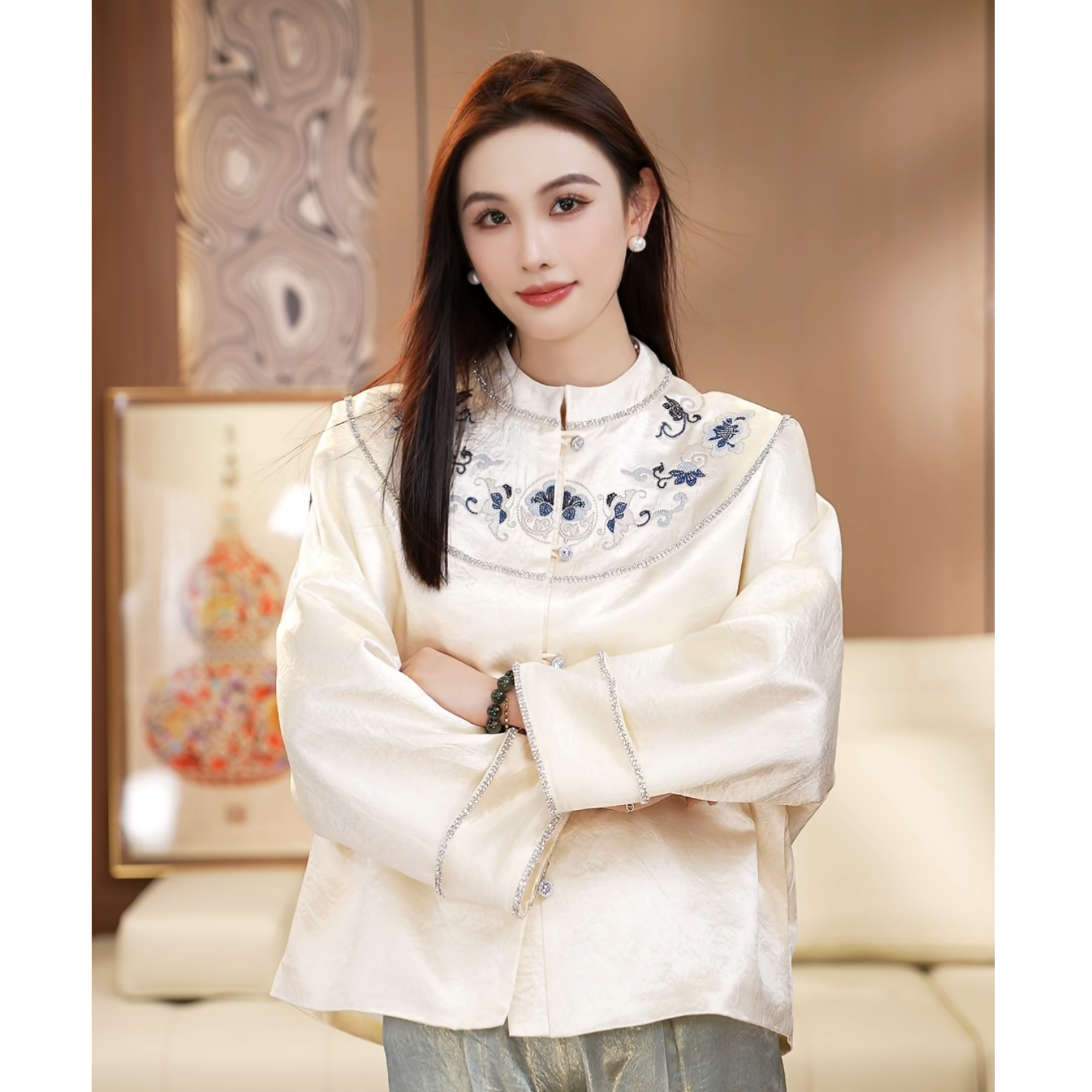 新中式重工刺绣钉钻外套日常复古春秋立领绣花古风中国风民国风