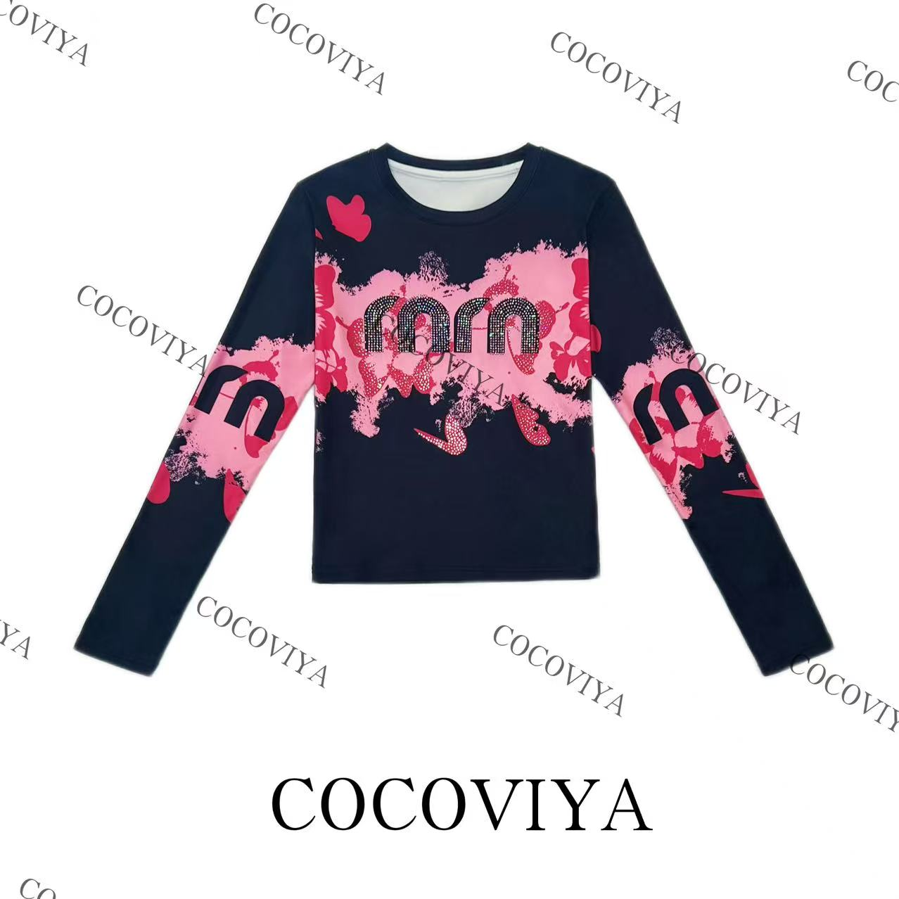 【CC】COCOVIYA蝶影粉墨涂鸦字母德绒长袖设计百搭上衣26C-964